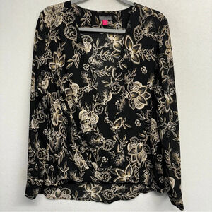 Vince Camuto Surplice Blouse Shirt Black Brown Floral M Long Sleeve